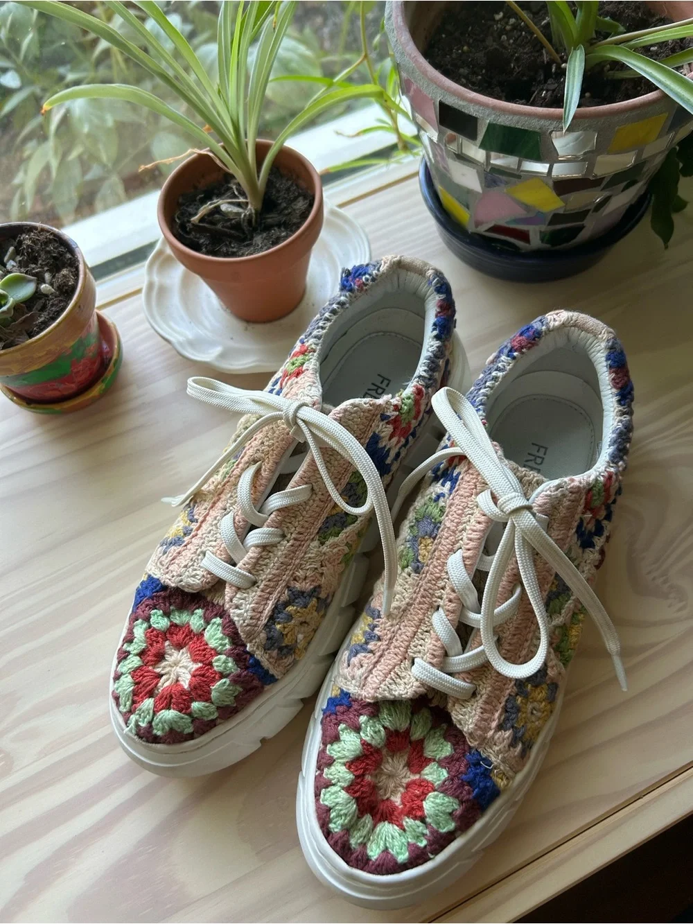 Free People Crochet Sneakers in Multicolor Cream and Blue